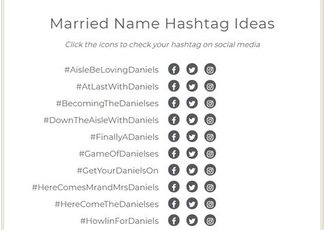 Wedding hashtags generator  The results will sort the generated hashtag ideas by first name, last name, nickname, or married name